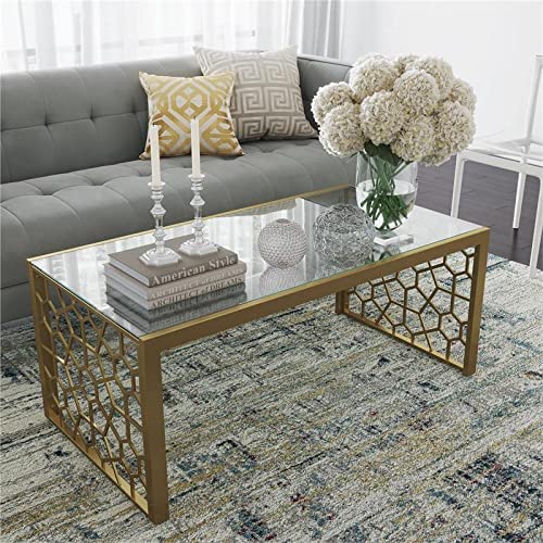 CosmoLiving by Cosmopolitan CosmoLiving Juliette Top, Soft Brass, Tempered Glass Coffee Table, 46.0 in x 24.0 in x 19.0 in