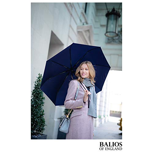 Balios (Designed in UK) Travel Umbrella Luxurious Golden Rosewood Handle Auto Open & Close Windproof Frame Single Canopy Automatic Folding Umbrella Men's & Ladies (Dark Navy)