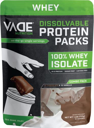 VADE Nutrition Dissolvable Protein Packs - 100% Whey Isolate Protein Powder Chocolate & Vanilla Milkshake - Low Carb, Low Calorie, Lactose Free, Sugar Free, Fat Free, Gluten Free - 30 Packets to Go