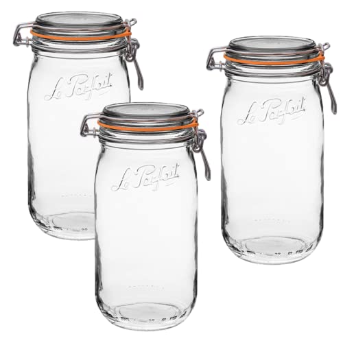 Le Parfait Super Jar - 1.5L French Glass Canning Jar w/Round Body, Airtight Rubber Seal & Glass Lid (48oz/Quart & Half, Pack of 3)