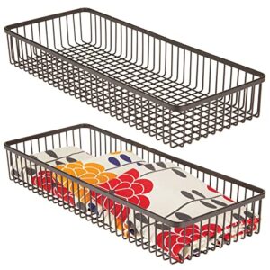 mdesign metal farmhouse kitchen cabinet drawer organizer basket tray, shallow storage bin for cutlery, serving spoons, cooking utensils, appliances, gadgets, unity collection, 15" long, 2 pack, bronze