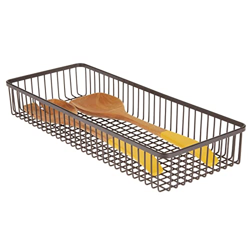 mDesign Metal Farmhouse Kitchen Cabinet Drawer Organizer Basket Tray, Shallow Storage Bin for Cutlery, Serving Spoons, Cooking Utensils, Appliances, Gadgets, Unity Collection, 15" Long, 2 Pack, Bronze