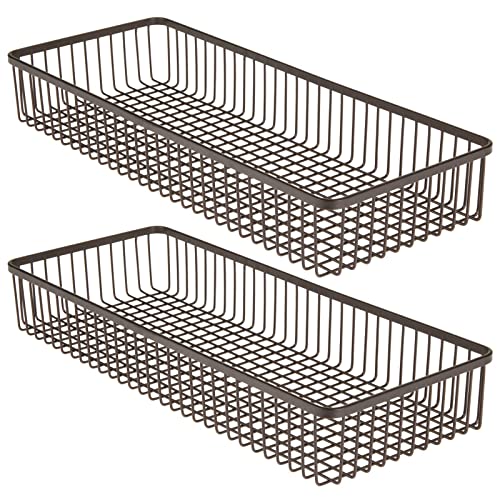 mDesign Metal Farmhouse Kitchen Cabinet Drawer Organizer Basket Tray, Shallow Storage Bin for Cutlery, Serving Spoons, Cooking Utensils, Appliances, Gadgets, Unity Collection, 15" Long, 2 Pack, Bronze