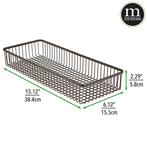 mDesign Metal Farmhouse Kitchen Cabinet Drawer Organizer Basket Tray, Shallow Storage Bin for Cutlery, Serving Spoons, Cooking Utensils, Appliances, Gadgets, Unity Collection, 15" Long, 2 Pack, Bronze