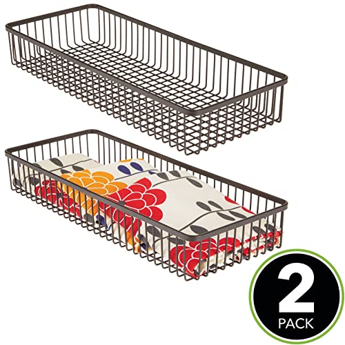 mDesign Metal Farmhouse Kitchen Cabinet Drawer Organizer Basket Tray, Shallow Storage Bin for Cutlery, Serving Spoons, Cooking Utensils, Appliances, Gadgets, Unity Collection, 15" Long, 2 Pack, Bronze