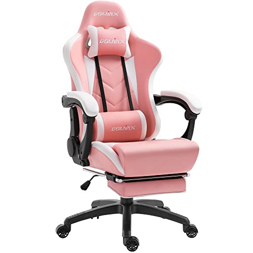 Dowinx Gaming Chair Ergonomic Racing Style Recliner with Massage Lumbar Support, Office Armchair for Computer PU Leather E-Sports Gamer Chairs with Retractable Footrest (White&Pink)