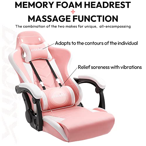 Dowinx Gaming Chair Ergonomic Racing Style Recliner with Massage Lumbar Support, Office Armchair for Computer PU Leather E-Sports Gamer Chairs with Retractable Footrest (White&Pink)