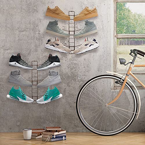 mDesign Modern Metal Shoe Organizer Display & Storage Shelf Rack - Adjustable Shelves Hang & Store Kicks, Running, Basketball, Tennis Shoes - 3 Tier, Each Wall Mount Unit Holds 6 Shoes, 2 Pack, Bronze