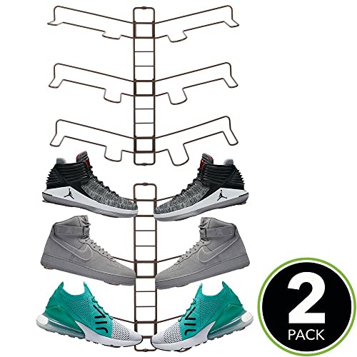 mDesign Modern Metal Shoe Organizer Display & Storage Shelf Rack - Adjustable Shelves Hang & Store Kicks, Running, Basketball, Tennis Shoes - 3 Tier, Each Wall Mount Unit Holds 6 Shoes, 2 Pack, Bronze