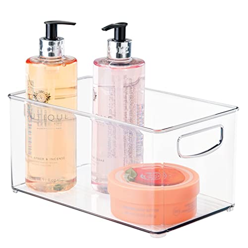 mDesign Plastic Storage Organizer Wide Container Bin with Handles for Bathroom, Home Organization - Holds Vitamins, Supplements, Makeup, Styling Tools - Ligne Collection - Clear