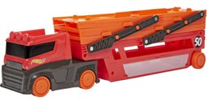 hot wheels mega hauler with 6 expandable levels, storage for up to 50 1:64 scale toy cars, connects to other tracks
