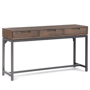 simplihome banting solid wood and metal 54 inch wide wide console sofa entryway table in walnut brown with storage, 3 drawers, for the living room, entryway and bedroom
