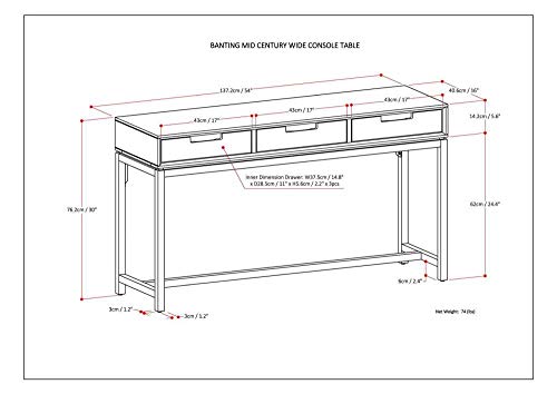 SIMPLIHOME Banting SOLID WOOD and Metal 54 inch Wide Wide Console Sofa Entryway Table in Walnut Brown with Storage, 3 Drawers, for the Living Room, Entryway and Bedroom