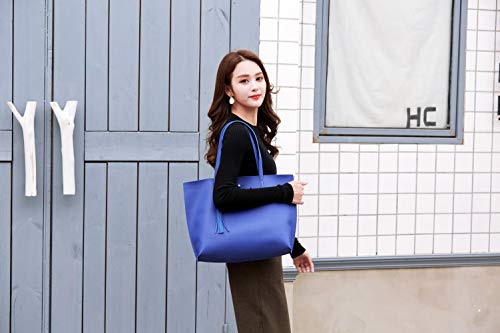 Dreubea Women's Soft Faux Leather Tote Shoulder Bag from, Big Capacity Tassel Handbag Royal Blue