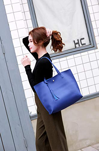 Dreubea Women's Soft Faux Leather Tote Shoulder Bag from, Big Capacity Tassel Handbag Royal Blue