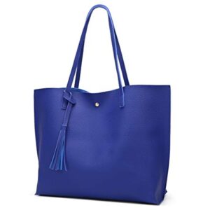 Dreubea Women's Soft Faux Leather Tote Shoulder Bag from, Big Capacity Tassel Handbag Royal Blue