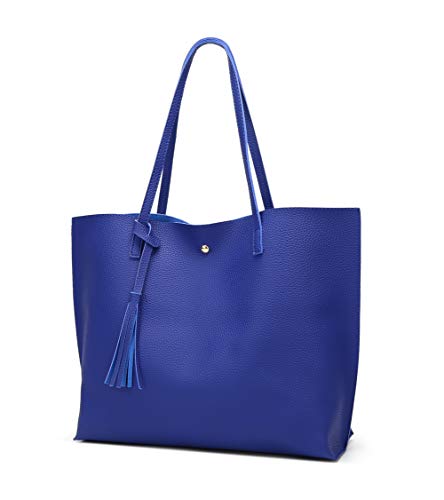 Dreubea Women's Soft Faux Leather Tote Shoulder Bag from, Big Capacity Tassel Handbag Royal Blue