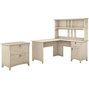 bush furniture salinas l shaped desk with hutch and lateral file cabinet, 60w, antique white
