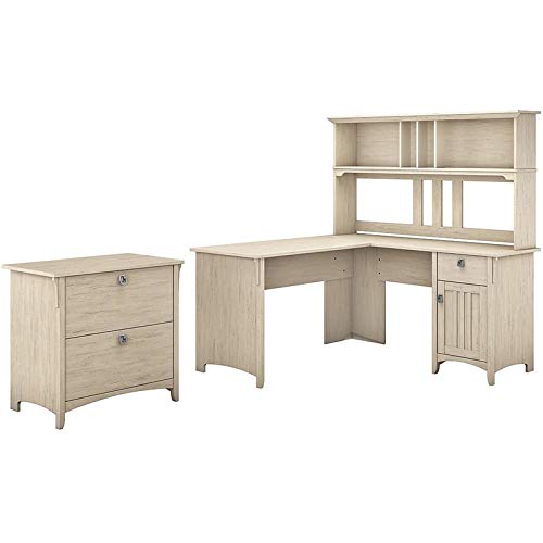 Bush Furniture Salinas L Shaped Desk with Hutch and Lateral File Cabinet, 60W, Antique White