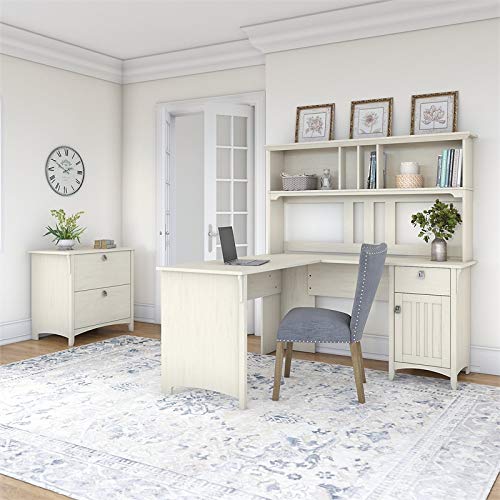 Bush Furniture Salinas L Shaped Desk with Hutch and Lateral File Cabinet, 60W, Antique White