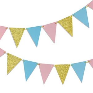 Gender Reveal Party Decorations BOY OR GIRL Banner Glitter Gender Reveal Cupcake Toppers Glitter Gold Pink Blue Triangle Garland Star Garland Tissue Paper Pom Poms Paper Lanterns for Baby Shower Party