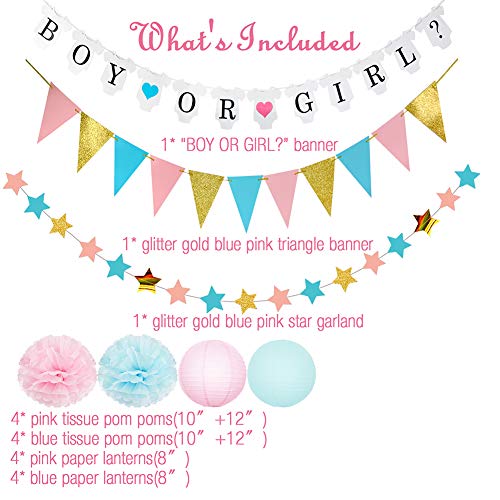 Gender Reveal Party Decorations BOY OR GIRL Banner Glitter Gender Reveal Cupcake Toppers Glitter Gold Pink Blue Triangle Garland Star Garland Tissue Paper Pom Poms Paper Lanterns for Baby Shower Party