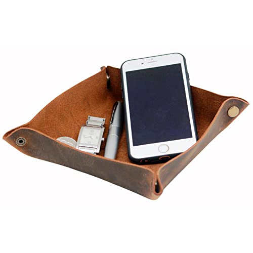 boshiho Valet Tray for Men, Leather Jewelry Catchall Key Phone Coin Box Change Caddy Bedside Storage Box (Crazy Horse Leather - Dark Brown)