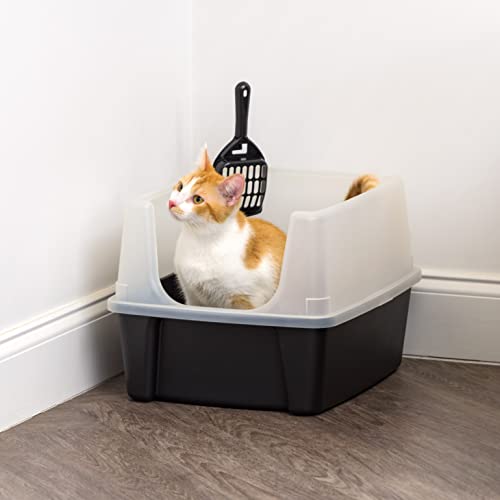 IRIS USA Open Top Cat Litter Tray with Scoop and Scatter Shield, Sturdy Easy to Clean Open Air Kitty Litter Pan with Tall Spray and Scatter Shield, Black/Clear