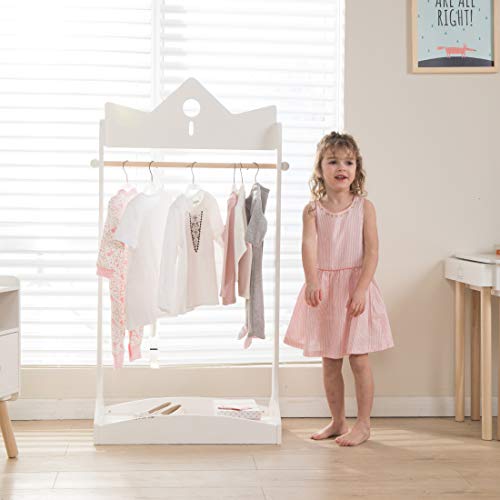 JOLIE VALLÉE TOYS & HOME 2-in-1 Kids Wood Armoire Wardrobe Crown Clothes Rack, White Baby Clothes Storage Rack Standing Closet, Boutique Clothes Rack Organizer for Toddler Girls 2-5 Years