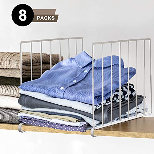 Urban Deco Shelf Dividers for Closet Organization - Wire Closet Shelving Sturdy Closet Shelf Organizer Steel Closet Dividers Linen Closet Organizer - White Coated Wire Shelf Organizer - Pack of 8