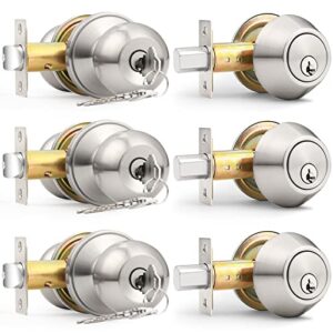 probrico 3 pack-entry door knob and deadbolt lock set, handleset with single cylinder deadbolt keyed alike combo pack, right or left handed, entry door lever exterior and interior