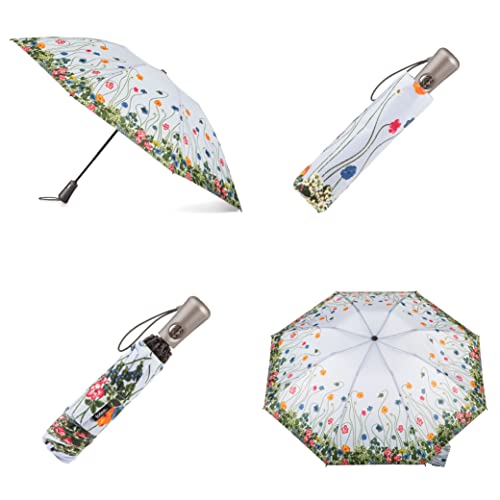 totes InBrella Reverse Closing Folding Umbrella – Inverted Closure Compact Umbrella – Portable, Windproof Rain-resistant Travel Umbrella with Recycled Canopy, Automatic Open and Close, Flower Garden