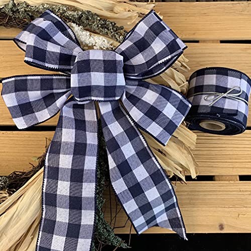 Navy Blue Plaid Wired Ribbon - 2 1/2" x 10 Yards, Summer, Fall, Christmas, Birthday, Wedding Decor, Father's Day, Baby Shower, Farmhouse Decor, Easter, Spring Decor