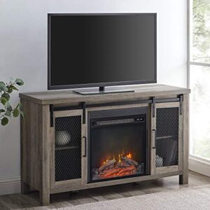 walker edison tall farmhouse metal mesh barndoor and wood universal fireplace tv stand or tv's up to 55" flat screen living room storage entertainment center, 48 inch, grey wash