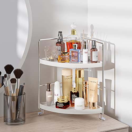 KINGBERWI 2-Tier Bathroom Corner Counter Organizer, Makeup Storage Shelf Vanity Tray, Bathroom Sink Countertop Organizer, Silver