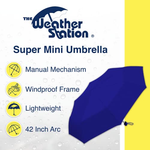 Weather Station Mini Rain Umbrella, Ultra Lite Manual Folding Umbrella, Windproof, Lightweight and Packable for Travel, Full 42 Inch Arc, Royal Blue