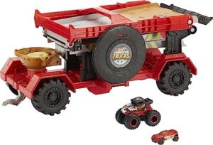 hot wheels monster trucks down hill race & go playset with 1:64 scale bone shaker toy truck & 1:64 scale toy car