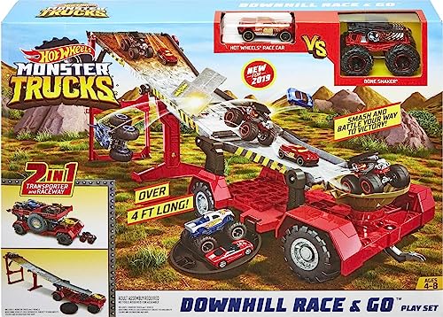 Hot Wheels Monster Trucks Down Hill Race & Go Playset with 1:64 Scale Bone Shaker Toy Truck & 1:64 Scale Toy Car