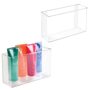 mdesign plastic storage organizer bin, adhesive mount for cabinets & walls in bathroom, vanity, under sink, holds body wash, shampoo, lotion, brushes, hair spray, ligne collection, 2 pack, clear