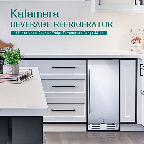 Kalamera Beverage Refrigerator, 15 inch Under Counter Beer Fridge for 104 Cans w/ 32-41℉ Temperature Range, Drink Fridge with Stainless Steel Door