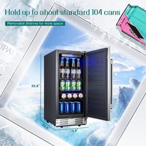 Kalamera Beverage Refrigerator, 15 inch Under Counter Beer Fridge for 104 Cans w/ 32-41℉ Temperature Range, Drink Fridge with Stainless Steel Door