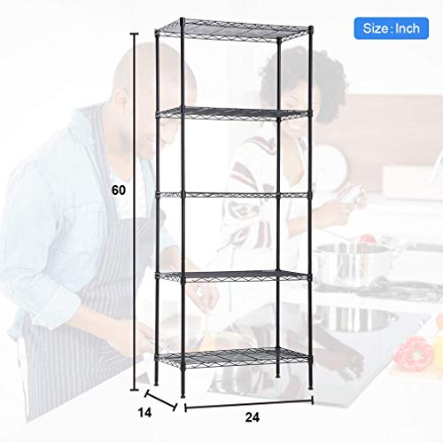 5-Wire Shelving Unit Steel Large Metal Shelf Organizer Garage Storage Shelves Heavy Duty NSF Commercial Grade Utility Storage Metal Layer Rack for Garage Kitchen Office 14"D x 24"W x 60"H,Black