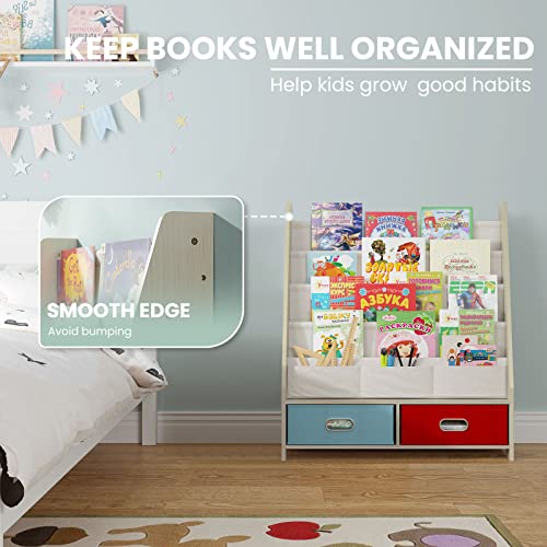 SEIRIONE Kids Book Rack, 4 Sling Bookshelf, 2 Storage Boxes and Toys Organizer Shelves, Beige