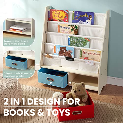 SEIRIONE Kids Book Rack, 4 Sling Bookshelf, 2 Storage Boxes and Toys Organizer Shelves, Beige