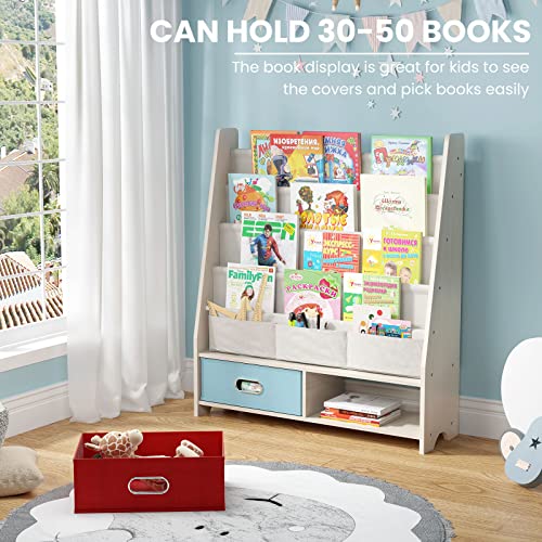 SEIRIONE Kids Book Rack, 4 Sling Bookshelf, 2 Storage Boxes and Toys Organizer Shelves, Beige