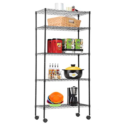 BMS 5-Tier Wire Shelving Unit Steel Large Metal Shelf Organizer Garage Storage Shelves Heavy Duty NSF Height Adjustable Commercial Grade Utility Storage Metal Rack on Wheels 14”D x 30”W x 60”H,Black