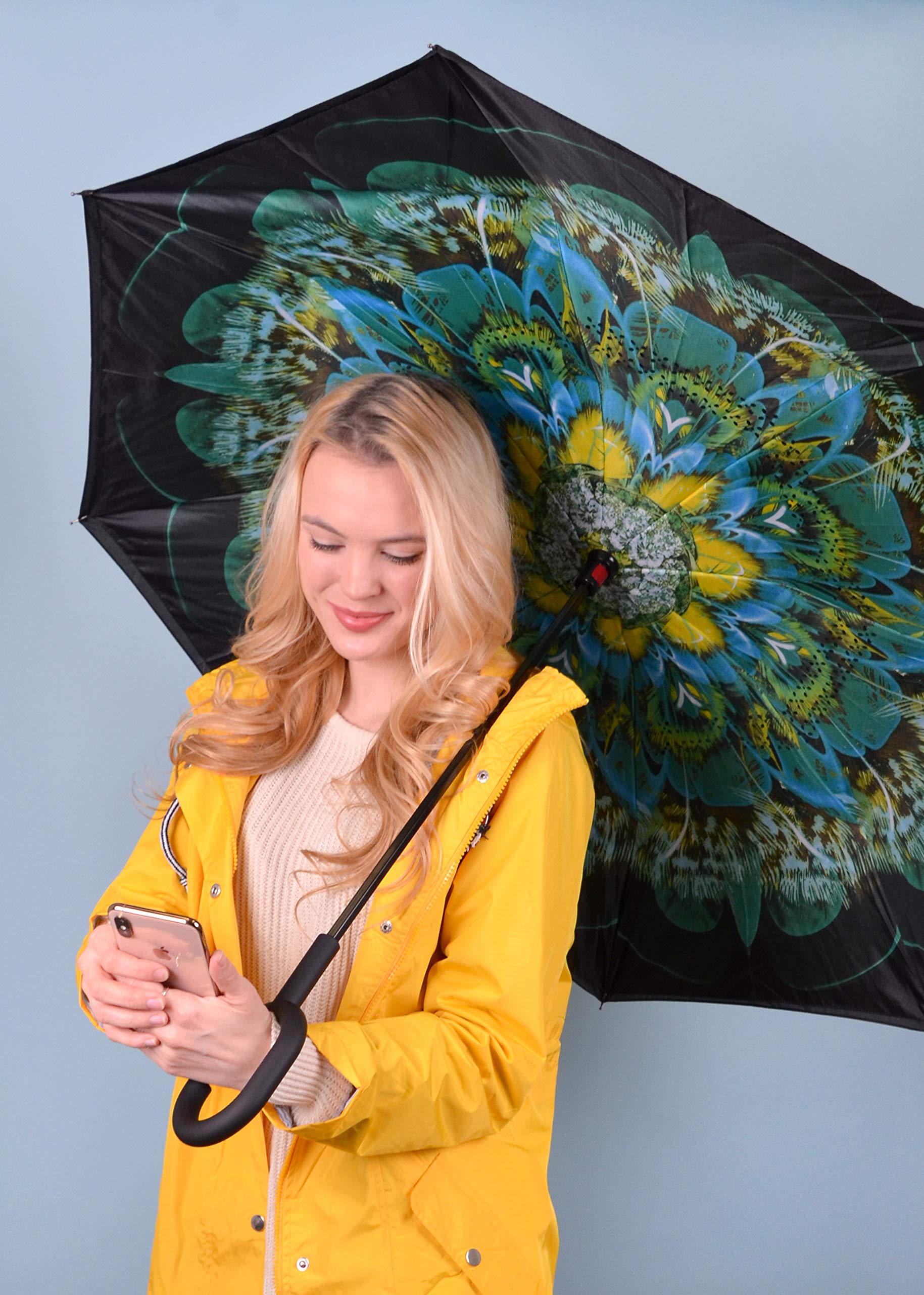 Parquet Peacock Double Layer Inverted Umbrellas - C Shaped Handle Reverse Folding Windproof Umbrella for Men and Women