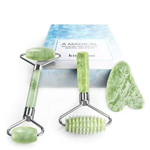 kimkoo jade roller and gua sha set for face-3 in 1 kit with facial massager tool,100% real natural jade stone facial roller anti aging,face beauty set for eye anti-wrinkle