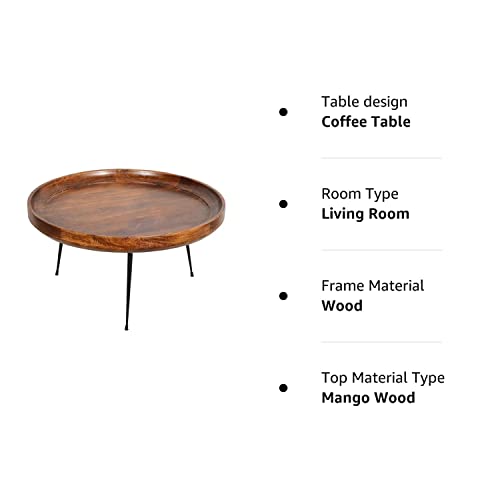 The Urban Port Round Mango Wood Coffee Table with Splayed Metal Legs, Brown and Black