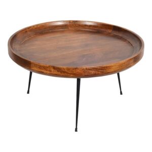 the urban port round mango wood coffee table with splayed metal legs, brown and black